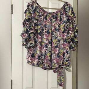 Vince Camuto Flutter Sleeve Ruffled Blouse in Black and Pink